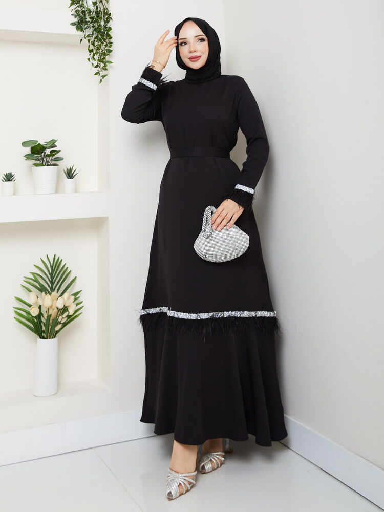 Tüy ve Taş Detaylı Elbise Siyah