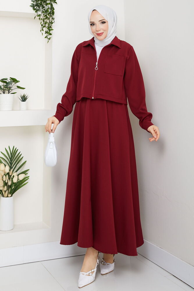 Önü Fermuarlı Etekli Takım Bordo