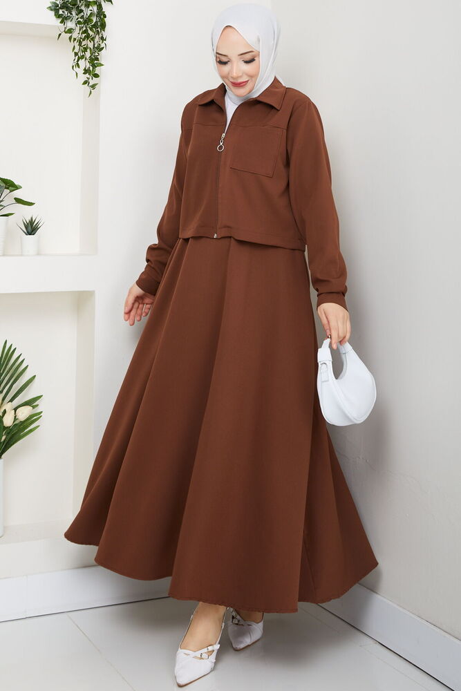 Önü Fermuarlı Etekli Takım Kahve