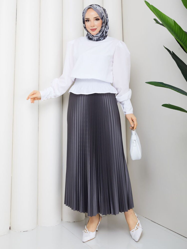 Gipe Detaylı Piliseli Etek Takım Gri