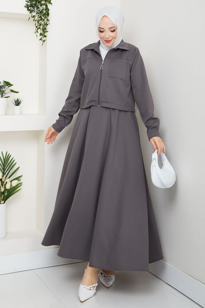 Önü Fermuarlı Etekli Takım Gri