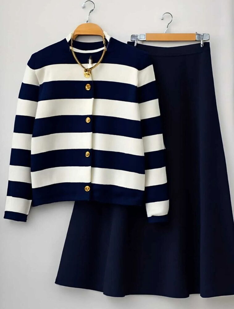 Çizgili Triko Hırka Scuba Etekli Takım Laci