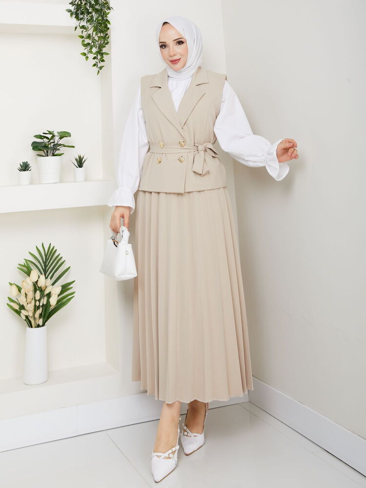 Üçlü Yelekli Etekli Takım Krem