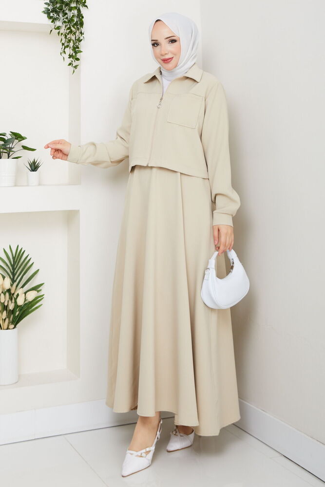 Önü Fermuarlı Etekli Takım Krem