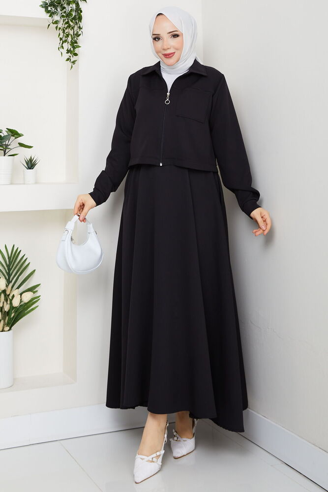 Önü Fermuarlı Etekli Takım Siyah