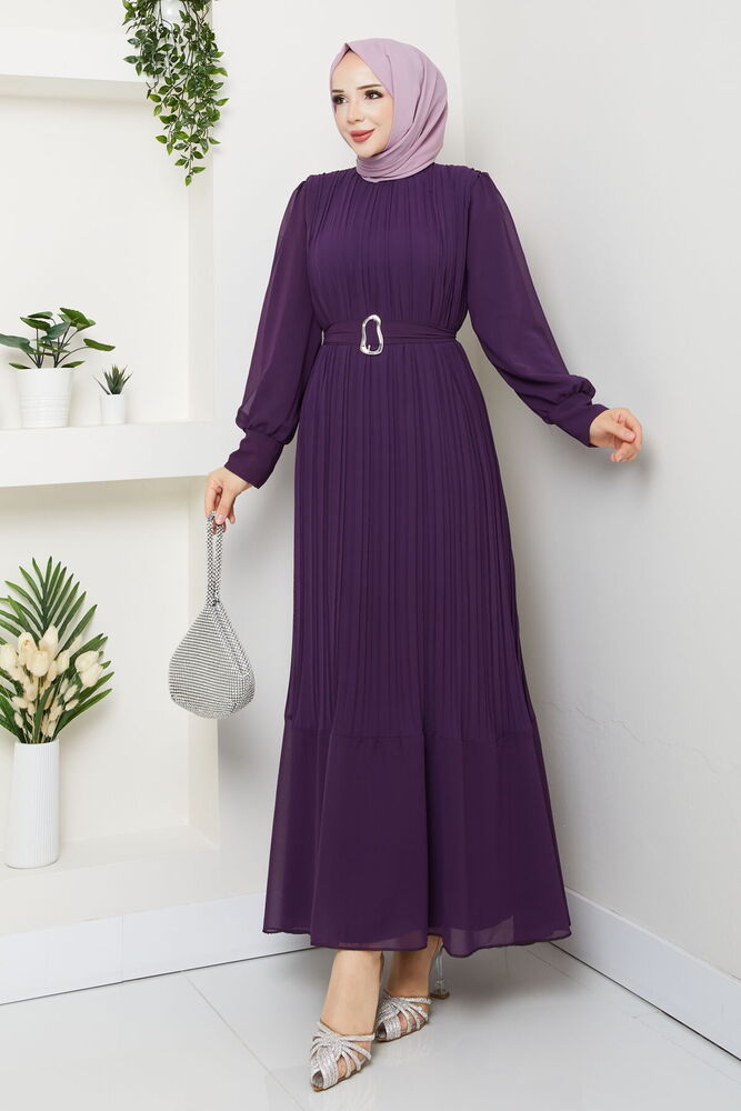 Kemer Detaylı Şifon Abiye Mor