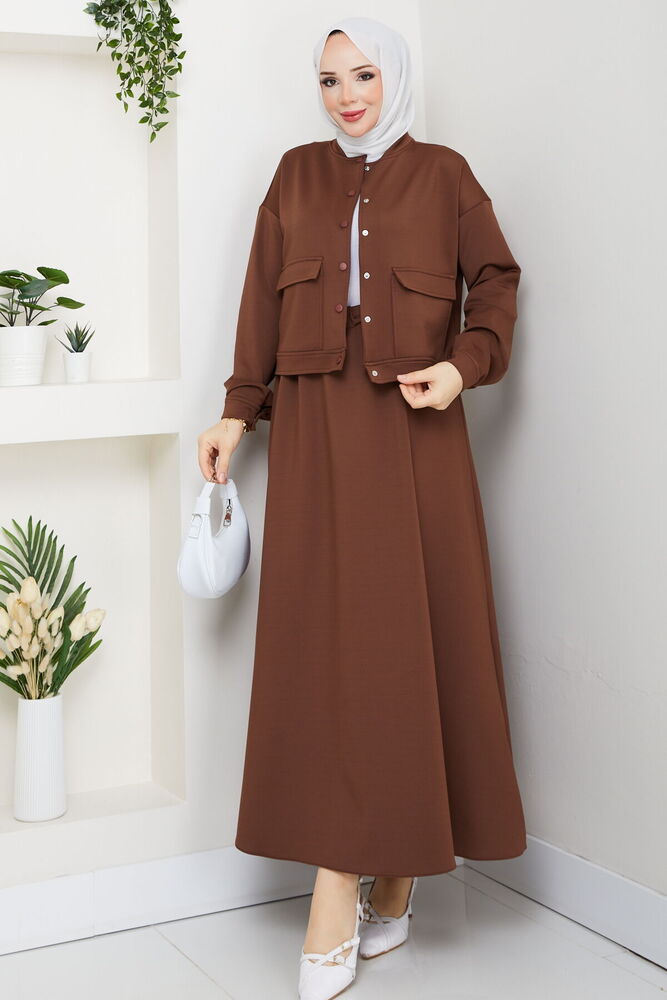 Çıtçıtlı Scuba Etekli Takım Kahve