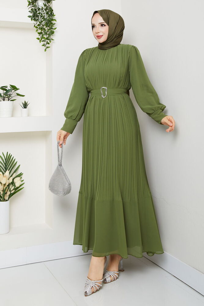 Kemer Detaylı Şifon Abiye Haki