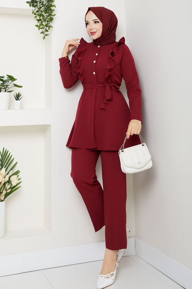 Fırfır Detaylı Pantolonlu Takım Bordo