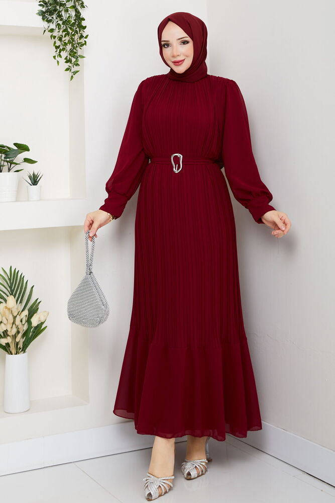 Kemer Detaylı Şifon Abiye Bordo