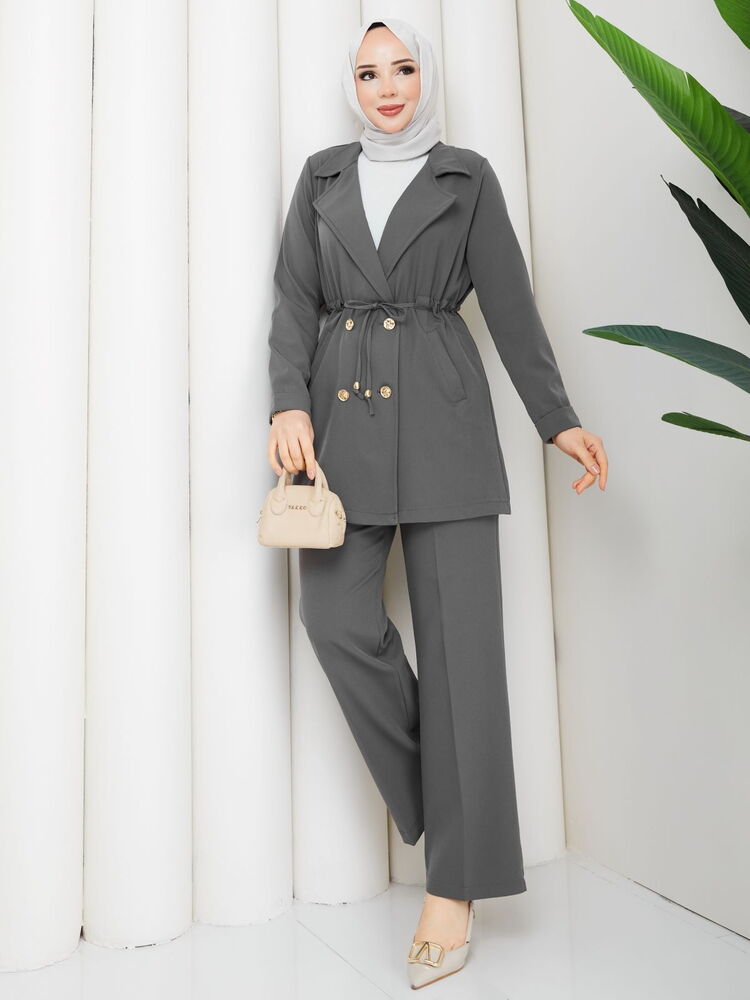 Beli Tünelli Blazer Takım Gri