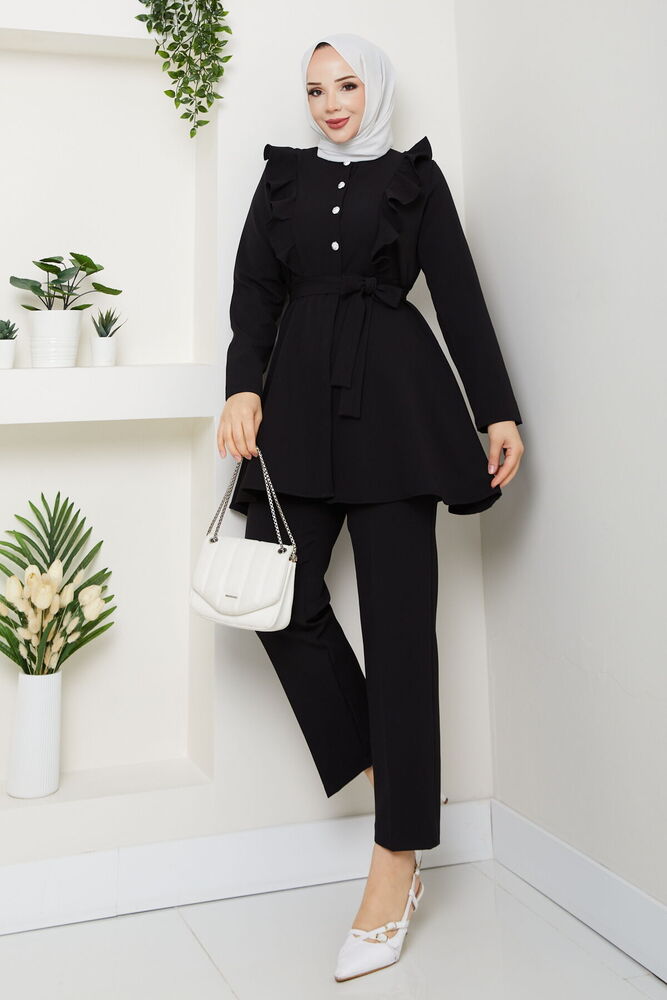 Fırfır Detaylı Pantolonlu Takım Siyah
