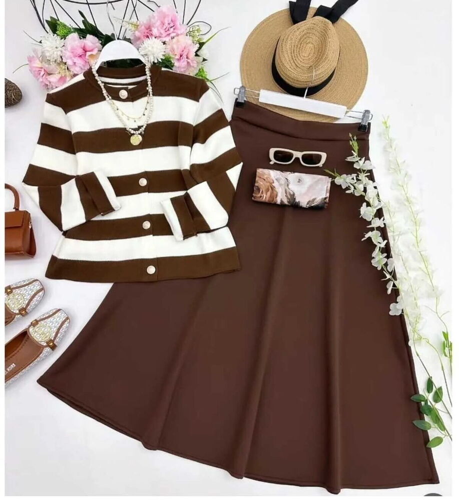 Çizgili Triko Hırka Scuba Etekli Takım Kahve