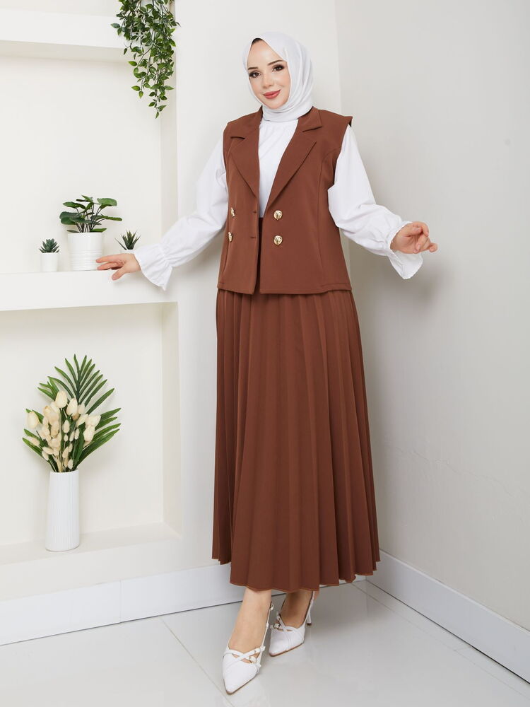 Üçlü Yelekli Etekli Takım Kahve