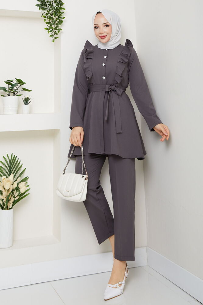 Fırfır Detaylı Pantolonlu Takım Gri