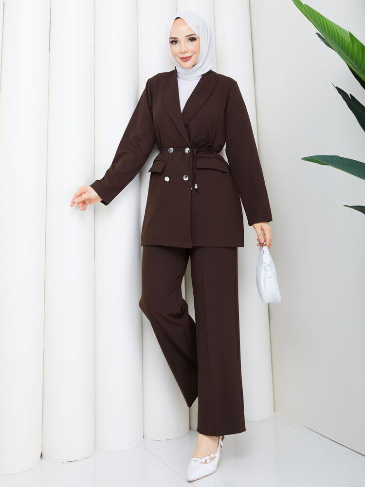 İp Bağlamalı Blazer Ceket Takım Kahve