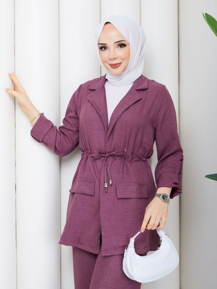 Bağlamalı Keten Pantolonlu Takım Gül Kurusu