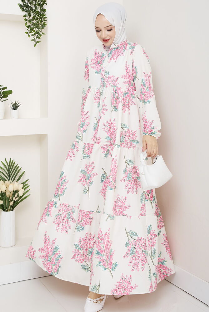 Mimoza Çiçek Desenli Elbise Pembe