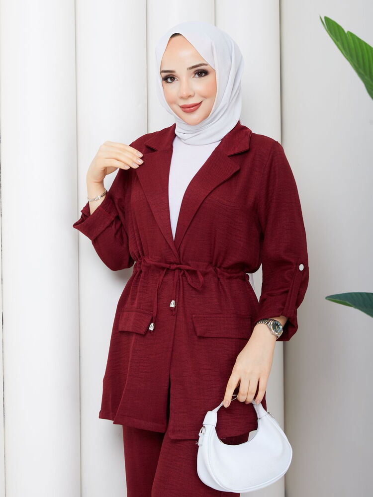 Bağlamalı Keten Pantolonlu Takım Bordo