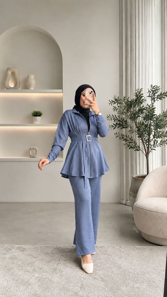Fermuarlı Keten Pantolon Takım Mavi