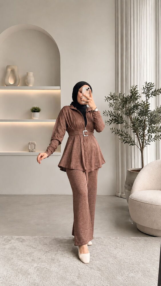 Fermuarlı Keten Pantolon Takım Taba