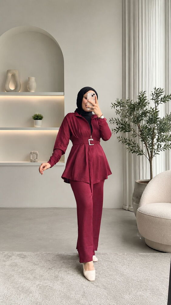 Fermuarlı Keten Pantolon Takım Bordo