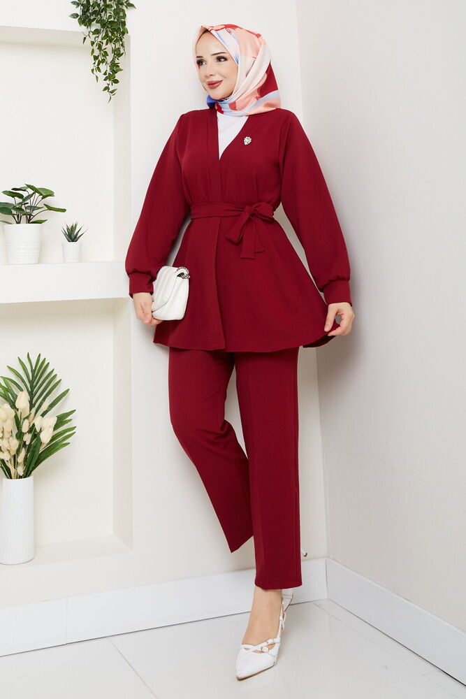 Kemer Detaylı Pantolonlu Takım Bordo