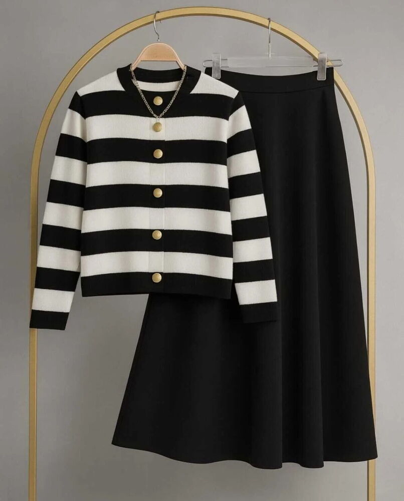 Çizgili Triko Hırka Scuba Etekli Takım Siyah