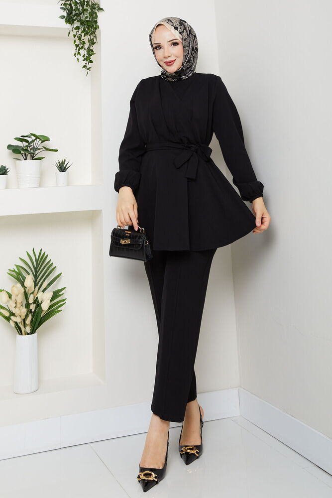 Drape Detaylı Pantolonlu Takım Siyah