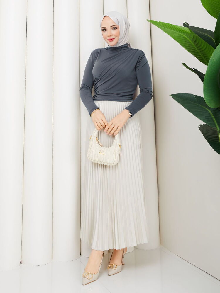 Omuzdan Büzgülü Sandy Bluz Takım Gri