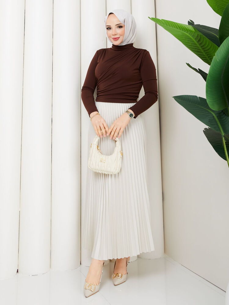 Omuzdan Büzgülü Sandy Bluz Takım Kahve