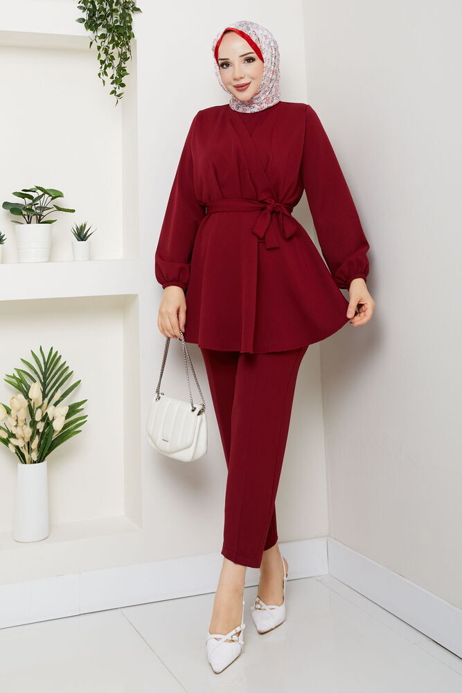 Drape Detaylı Pantolonlu Takım Bordo