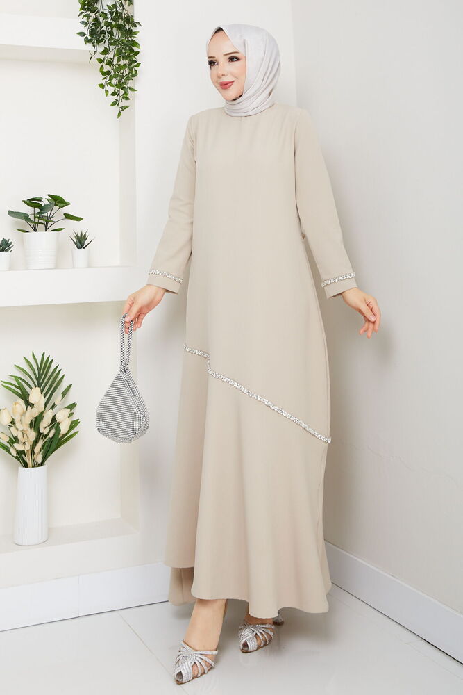 Taş Detaylı Tesettür Elbise Krem
