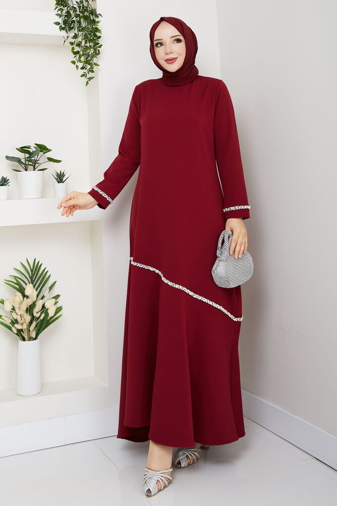 Taş Detaylı Tesettür Elbise Bordo