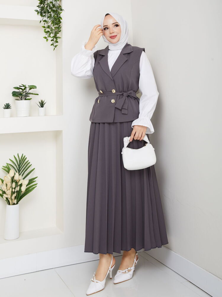 Üçlü Yelekli Etekli Takım Gri