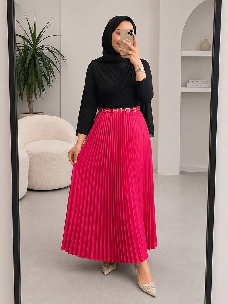 Kruvaze Yaka Piliseli Etek Takım Siyah&Pembe