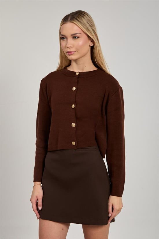 Önü Düğmeli Triko Hırka Kahve