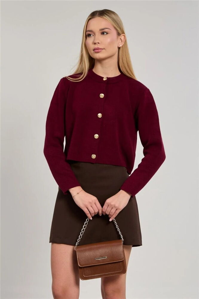 Önü Düğmeli Triko Hırka Bordo