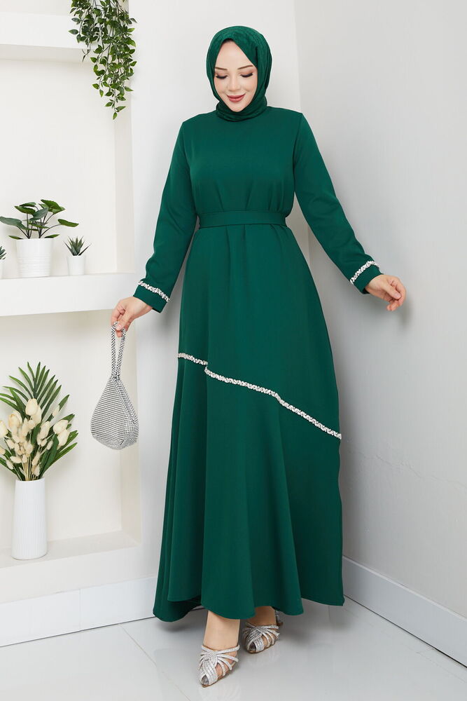 Taş Detaylı Tesettür Elbise Zümrüt