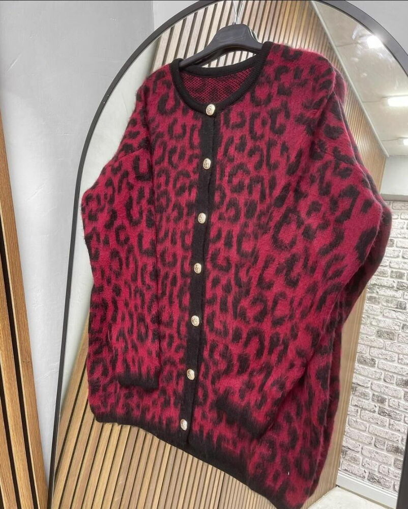 Triko Leopar Hırka Siyah&Bordo