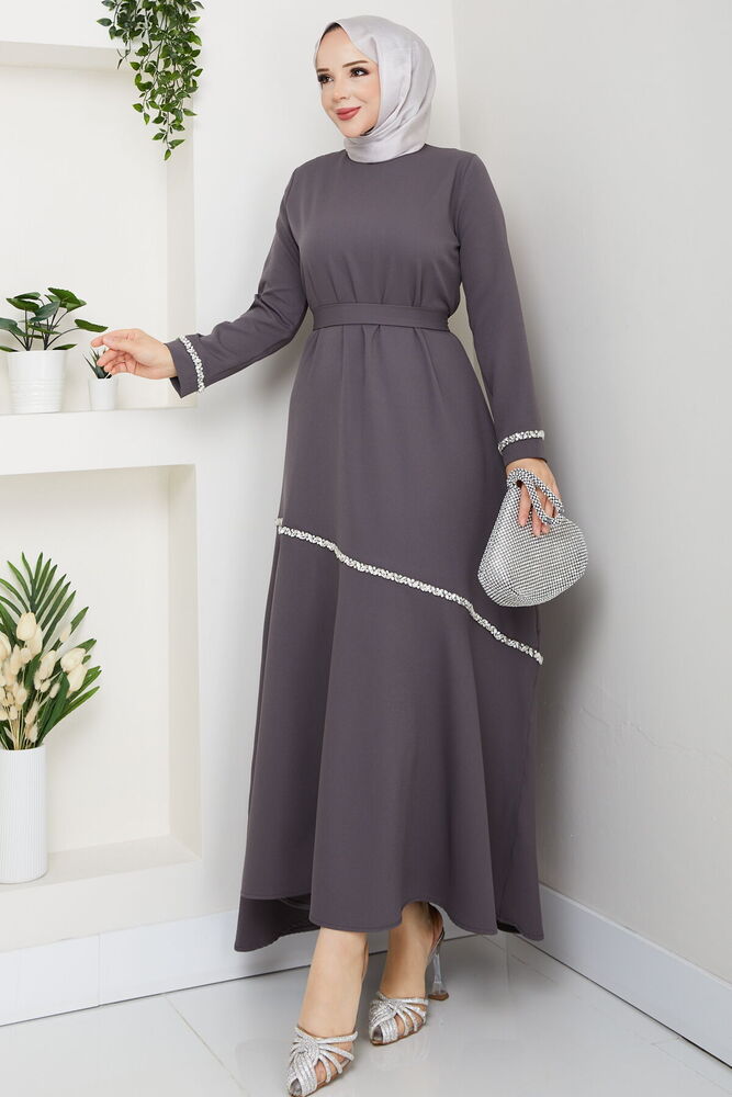 Taş Detaylı Tesettür Elbise Gri