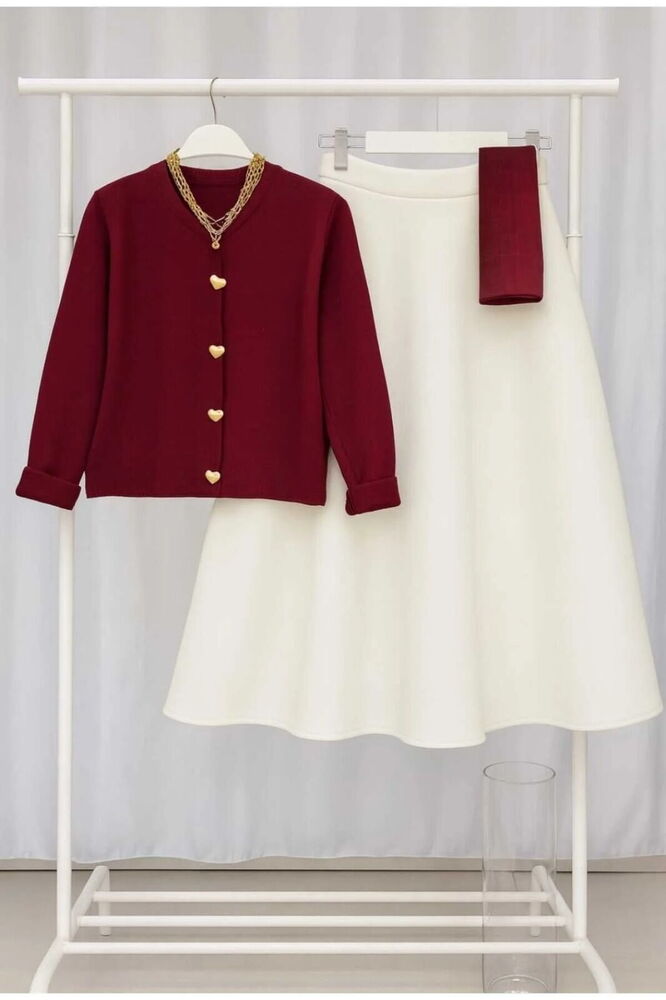 Kalp Düğmeli Scuba Etekli Takım Bordo&Beyaz