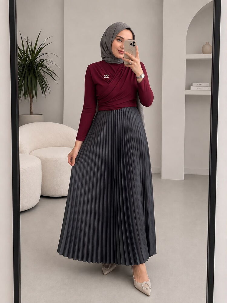 Kruvaze Yaka Piliseli Etek Takım Bordo&Antrasit