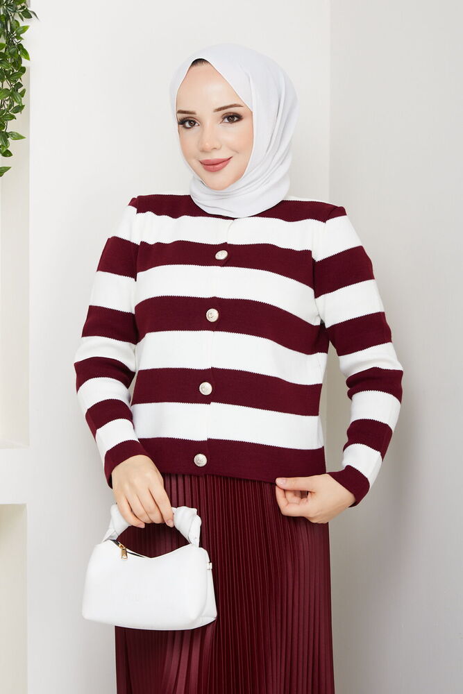 Çizgili Triko Hırka Bordo