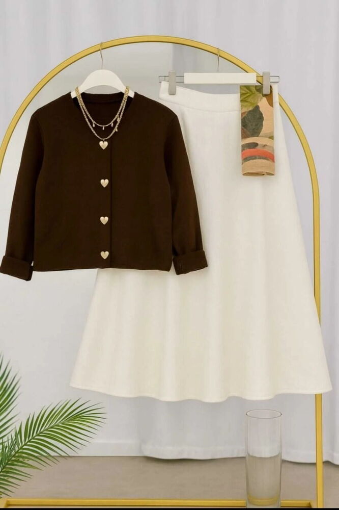 Kalp Düğmeli Scuba Etekli Takım Kahve&Beyaz