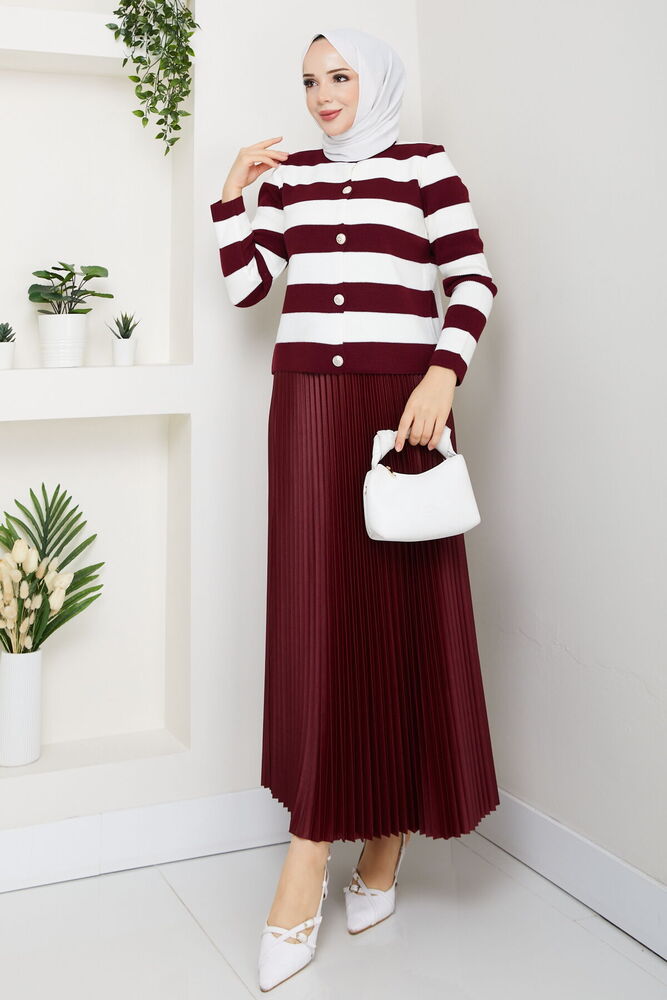 Çizgili Hırkalı Etekli Kombin Bordo