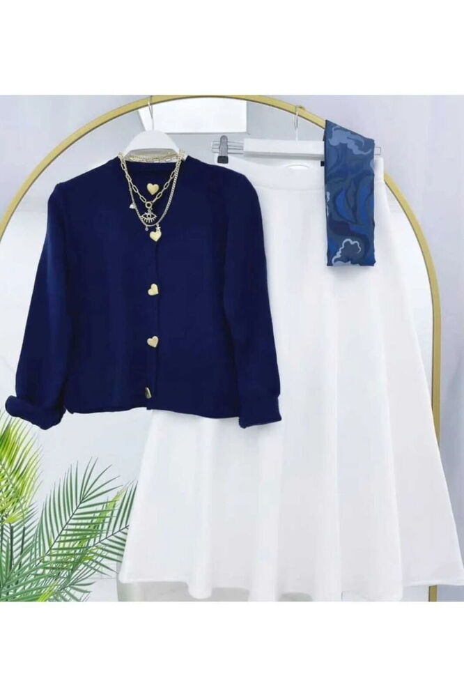 Kalp Düğmeli Scuba Etekli Takım Laci&Beyaz