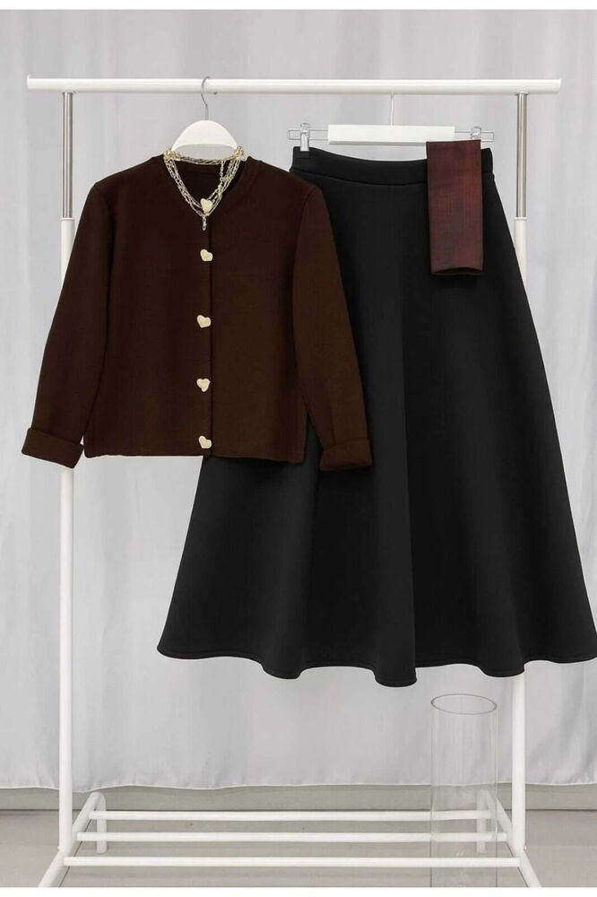 Kalp Düğmeli Scuba Etekli Takım Kahve&Siyah