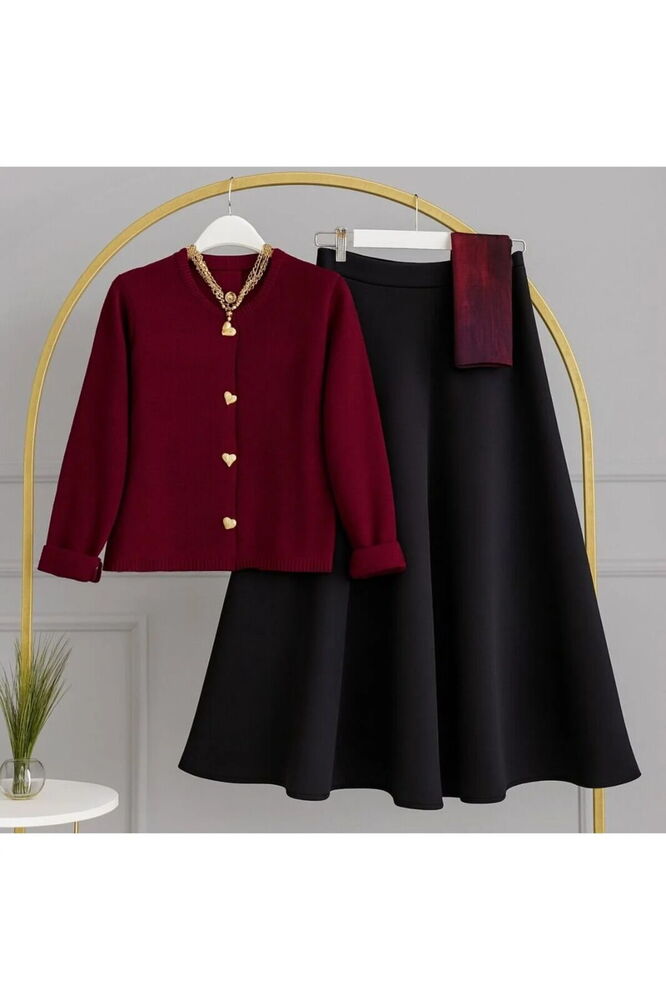 Kalp Düğmeli Scuba Etekli Takım Bordo&Siyah