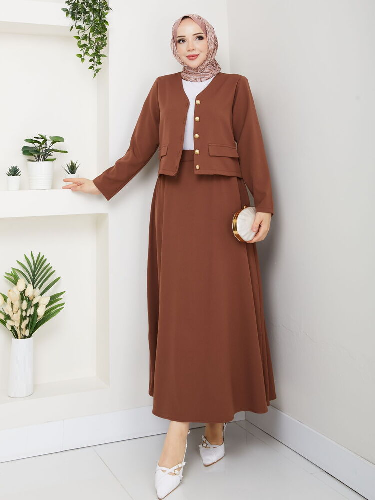 V Yaka Etekli Takım Kahve